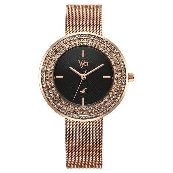 Fastrack Vyb Iconique Quartz Analog Black Dial Rose Gold Metal Strap Watch For Women - image number 0