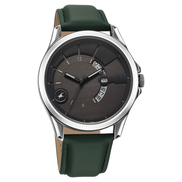 Fastrack Groove Quartz Analog with Date Grey Dial Green Leather Strap Watch For Guys - image number 3