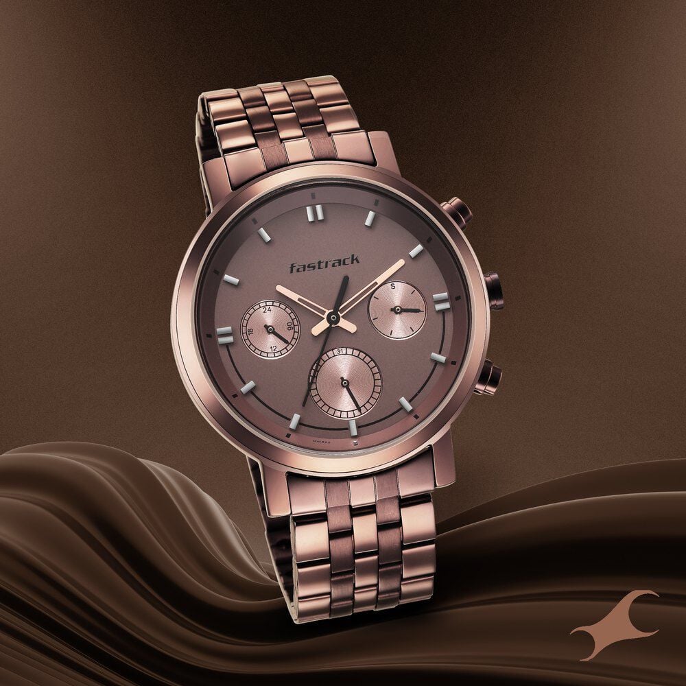Fastrack Tick Tock Quartz Multifunction Brown Dial Metal Strap Watch for Guys