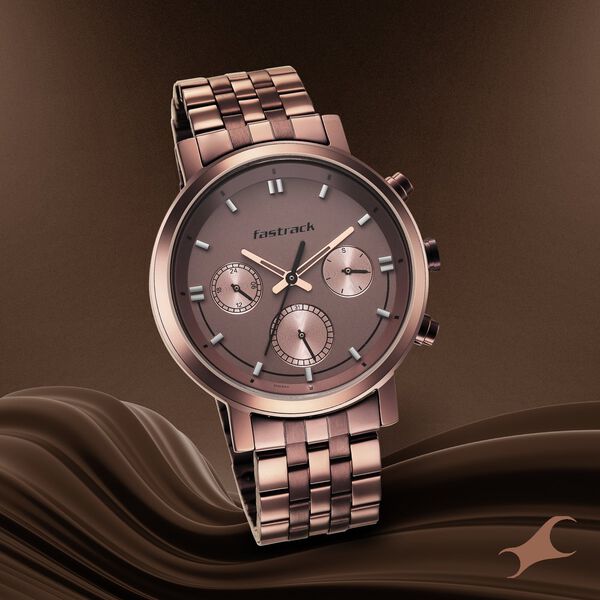 Fastrack Tick Tock Quartz Multifunction Brown Dial Metal Strap Watch for Guys - image number 0