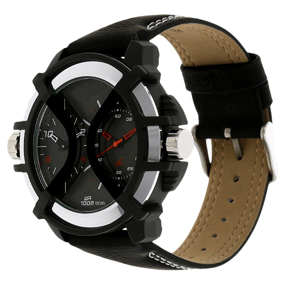 Fastrack Quartz Chronograph Black Dial Leather Strap Watch for Guys