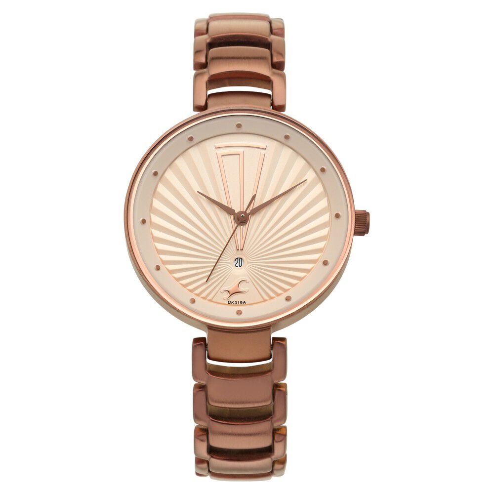 Buy Online Fastrack Ruffles Quartz Analog with Date Beige Dial Stainless Steel Strap Watch for Girls ns6216qm01 Fastrack