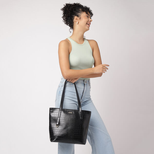 Fastrack Chic Textured Tote Bag for Women | Stylish Bag for Ladies, Women, Girls | Casual Spacious Tote Bag Made of High-Quality Faux Leather (Black) - image number 7