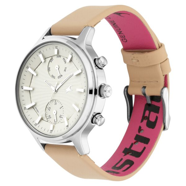 Fastrack Ruffles Quartz Multifunction Beige Dial Leather Strap Watch for Girls - image number 3