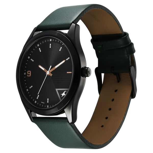 Fastrack Stunners Quartz Analog Black Dial Green Leather Strap Watch For Guys - image number 2
