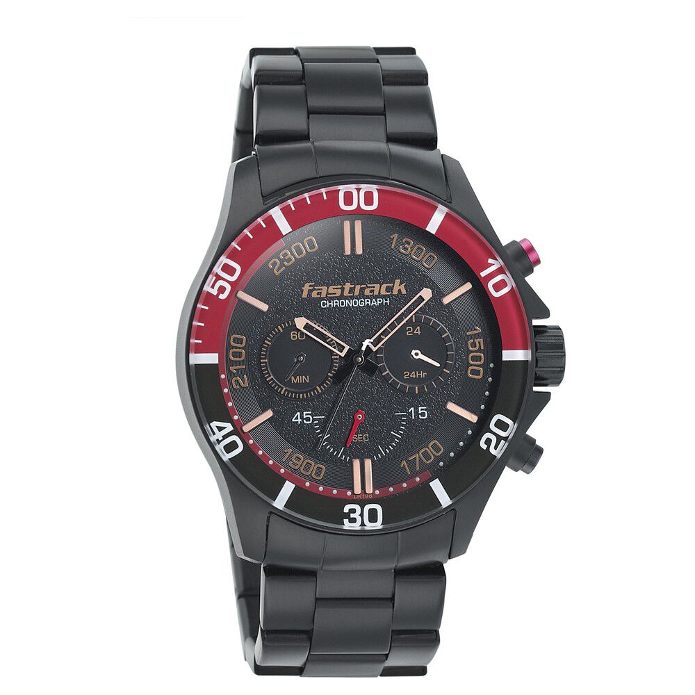 Buy Online Fastrack Hitlist Quartz Chronograph Black Dial Stainless Steel Strap Watch for Guys ns3072nm01 Fastrack