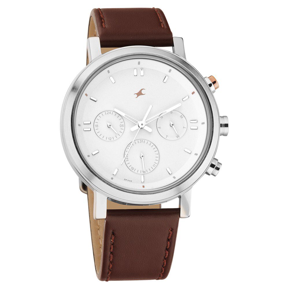 Fastrack Tick Tock Quartz Analog White dial Leather Strap Watch