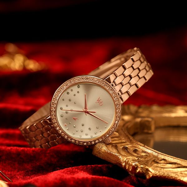 Vyb Starlet By Fastrack Quartz Analog Silver Dial Rose Gold Metal Strap Watch For Girls - image number 0