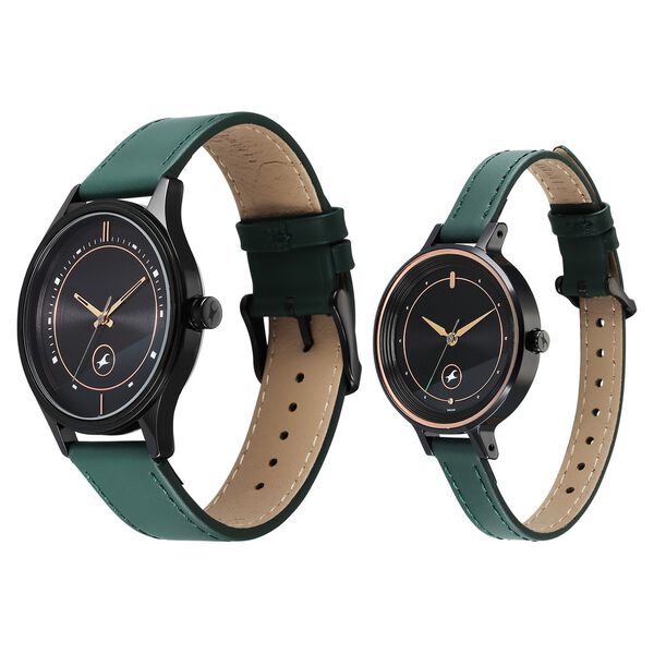 Fastrack Mixmatched Quartz Analog Black Dial Green Leather Strap Watch For Couple - image number 2
