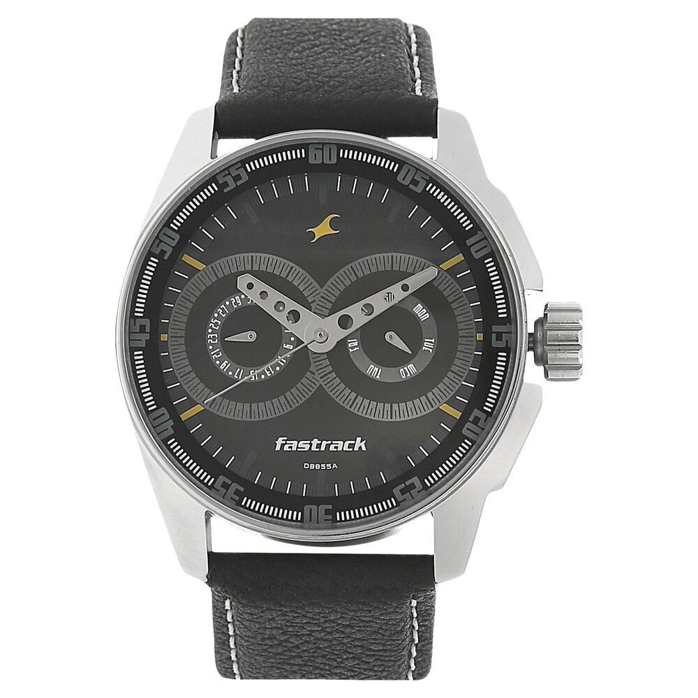Buy Online Fastrack Quartz Multifunction Black Dial Leather Strap Watch for Guys nm3089sl02 Fastrack