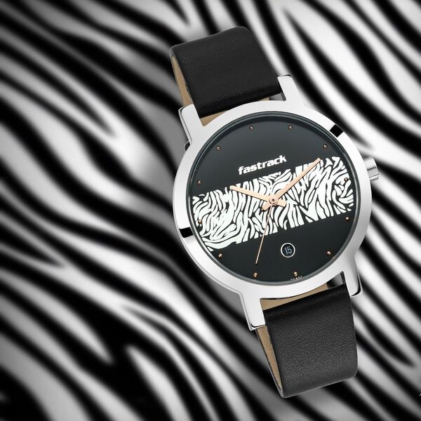 Fastrack Animal Print Quartz Analog with Date Black Dial Leather Strap Watch for Girls - image number 0