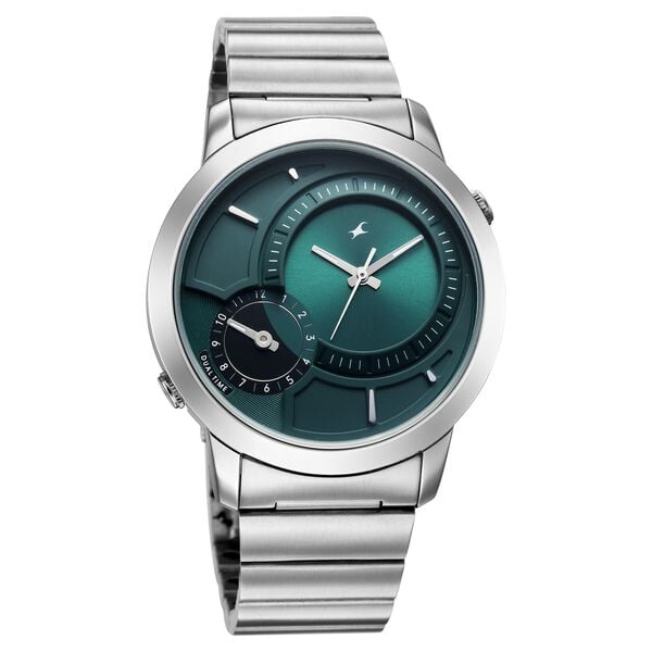 Fastrack Pulse IV Dual Time Watch for Men with Teal Green Sunray Dial & Silver Metal Strap - image number 1