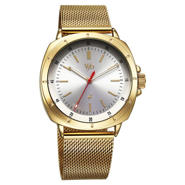 Fastrack Vyb Pioneer Quartz Analog Silver Dial Golden Metal Strap Watch For Guys - image number 2