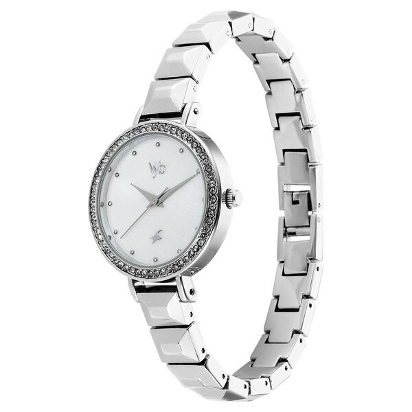 Fastrack Vyb Enigma Quartz Analog Mother of Pearl Dial Silver Color Metal Strap Watch For Girls - image number 3