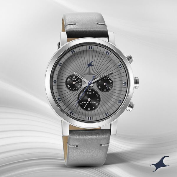 Fastrack Kronos Multifunction Grey Dial Leather Strap Watch for Guys - image number 3