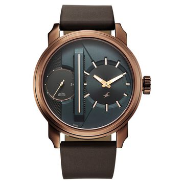 Fastrack Pulse IV Dual Time Analog Watch with Green Dial & Brown Leather Strap For Guys