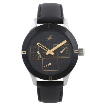 Fastrack Monochrome Quartz Multifunction Black Dial Leather Strap Watch for Girls