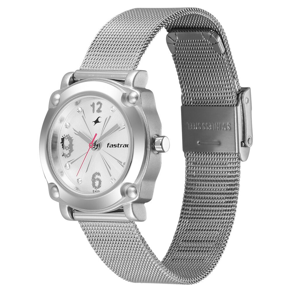 Buy Online Fastrack Quartz Analog Silver Dial Stainless Steel Strap Watch for Girls np6027sm01 Fastrack