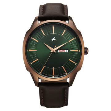 Fastrack Stunners Quartz Analog Green Dial Brown Leather Strap Watch For Guys