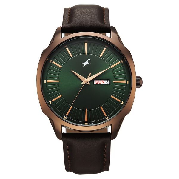Fastrack Stunners Quartz Analog Green Dial Brown Leather Strap Watch For Guys - image number 0