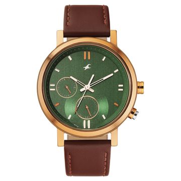 Fastrack Tick Tock Quartz Analog Green dial Leather Strap Watch for Guys