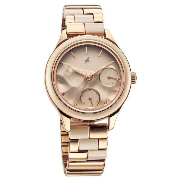 Fastrack Cerame Quartz Multifunction Beige Dial With Champagne Color Steel & Ceramic Strap Watch For Girls - image number 2