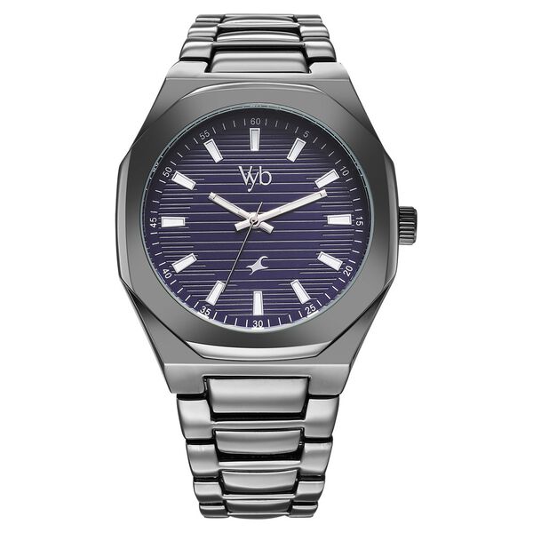 Fastrack Vyb Limitless Quartz Analog Blue Dial Grey Color Metal Strap Watch For Guys - image number 1