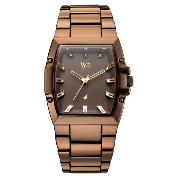 Vyb Challenger By Fastrack Quartz Analog Brown Dial Brown Metal Strap Watch For Guys - image number 1