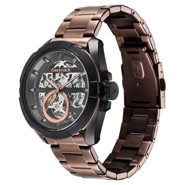 Fastrack Automatics Black Dial Brown Stainless Steel Strap Watch For Guys - image number 3