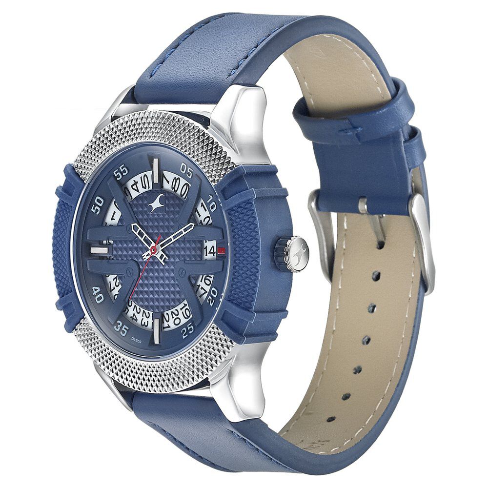 Fastrack Dial It Up Quartz Analog with Date Blue Dial Leather Strap Watch for Guys