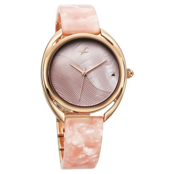 Fastrack Younique Quartz Analog Pink Color Mother Of Pearl Dial Acetate And Metal Strap Watch For Girls - image number 2