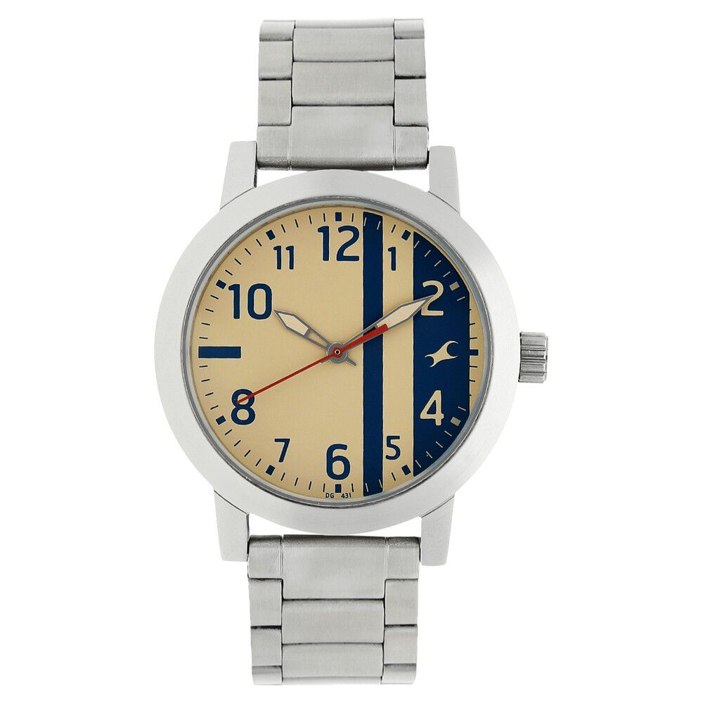 Buy Online Fastrack Bare Basics Quartz Analog Beige Dial Stainless Steel Strap Watch for Guys nk3162sm01 Fastrack