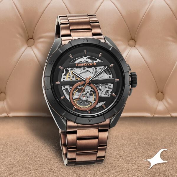 Fastrack Automatics Black Dial Brown Stainless Steel Strap Watch For Guys - image number 2