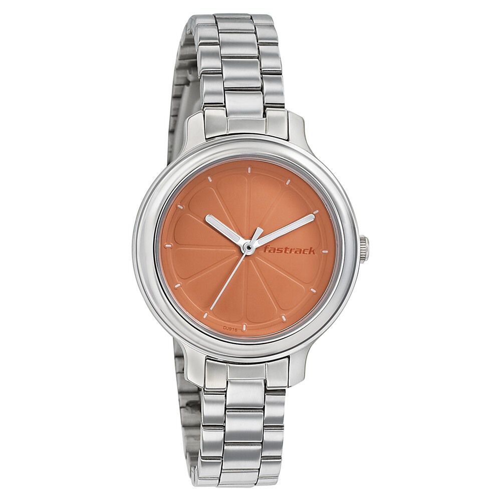 Fastrack Quartz Analog Orange Dial Stainless Steel Strap Watch for