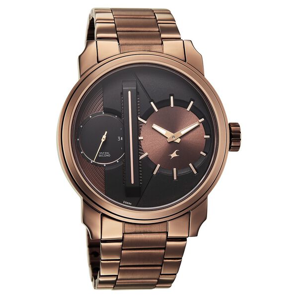 Fastrack Pulse IV Dual Time Analog Watch with Brown Dial & Brown Stainless Steel Strap For Guys - image number 1