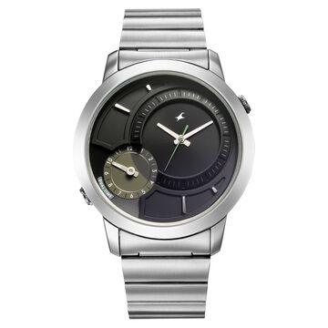 Fastrack Pulse IV Dual Time Watch for Men with Black Sunray Dial & Silver Metal Strap