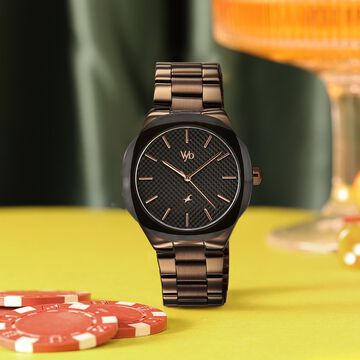 Vyb Challenger By Fastrack Quartz Analog Black Dial Brown Stainless Steel Strap Watch For Guys
