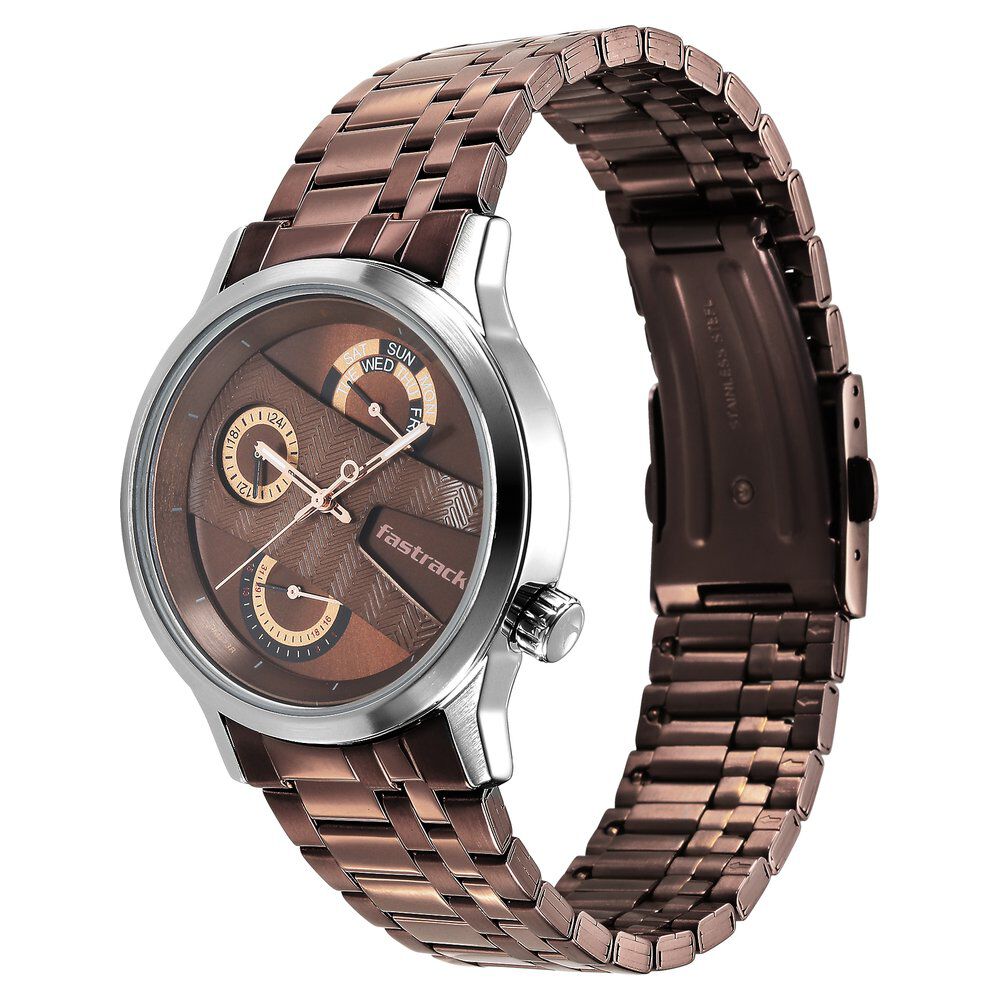 Fastrack Exuberant Quartz Multifunction Brown Dial Metal Strap Watch for Guys