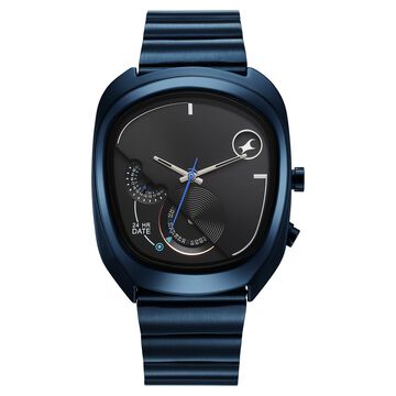 Fastrack UFO Quartz Multifunction Black Dial Blue Stainless Steel Strap Watch For Guys