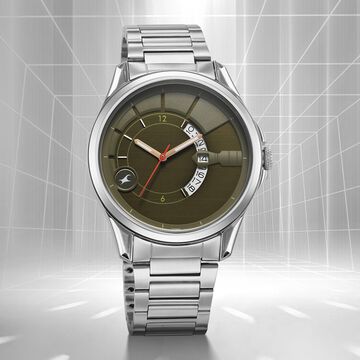 Fastrack Groove Quartz Analog with Date Green Dial Silver Stainless Steel Strap Watch For Guys