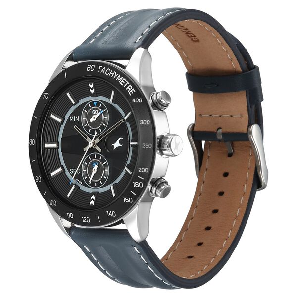 Fastrack Fastrack Overdrive Quartz Chronograph Tachymeter Black Dial Blue Leather Strap Watch For Guys - image number 2