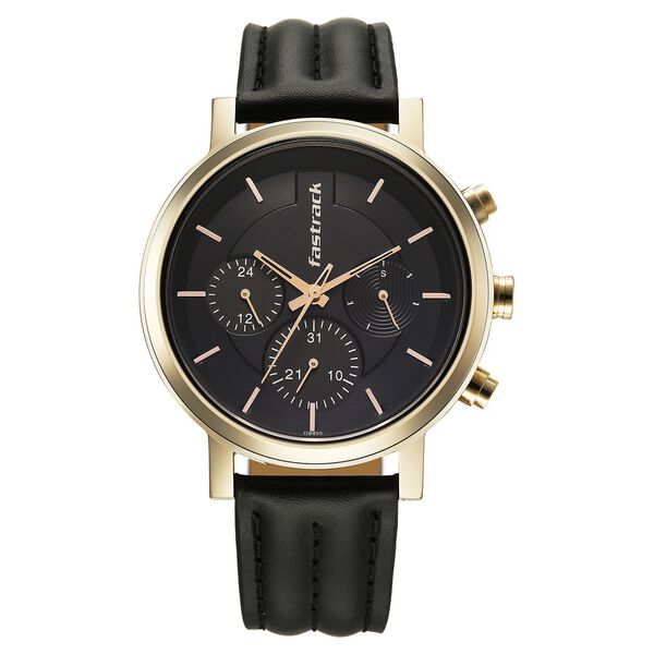 Fastrack Chrome K Quartz Multifunction Black Dial Black Leather Strap Watch For Guys - image number 0