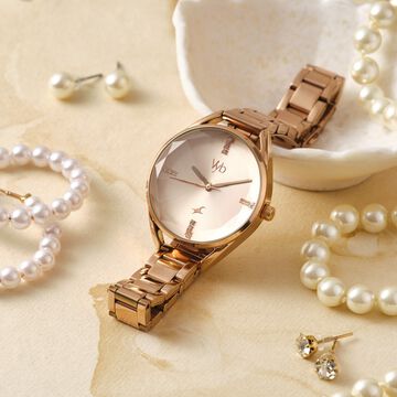 Fastrack Vyb Aurora Quartz Analog Rose Gold Dial Rose Gold Color Metal Strap Watch For Girls