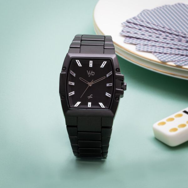 Vyb Pioneer By Fastrack Quartz Analog Black Dial Metal Strap Watch For Guys - image number 0