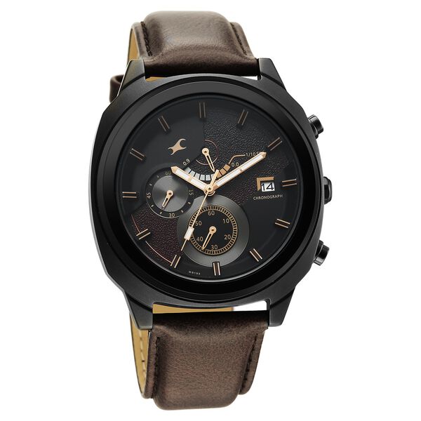 Fastrack Kronos Guys Chronograph Watch With Date Black Dial & Brown Leather Strap - image number 1