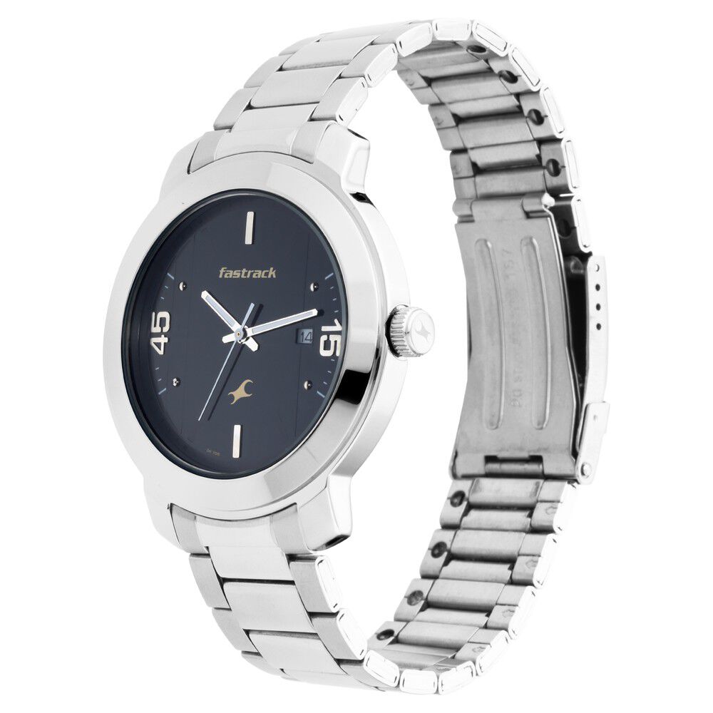 Fastrack Bare Basics Quartz Analog with Date Black Dial Stainless Steel Strap Watch for Guys