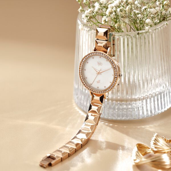 Fastrack Vyb Enigma Quartz Analog Mother of Pearl Dial Rose Gold Color Metal Strap Watch For Girls - image number 0