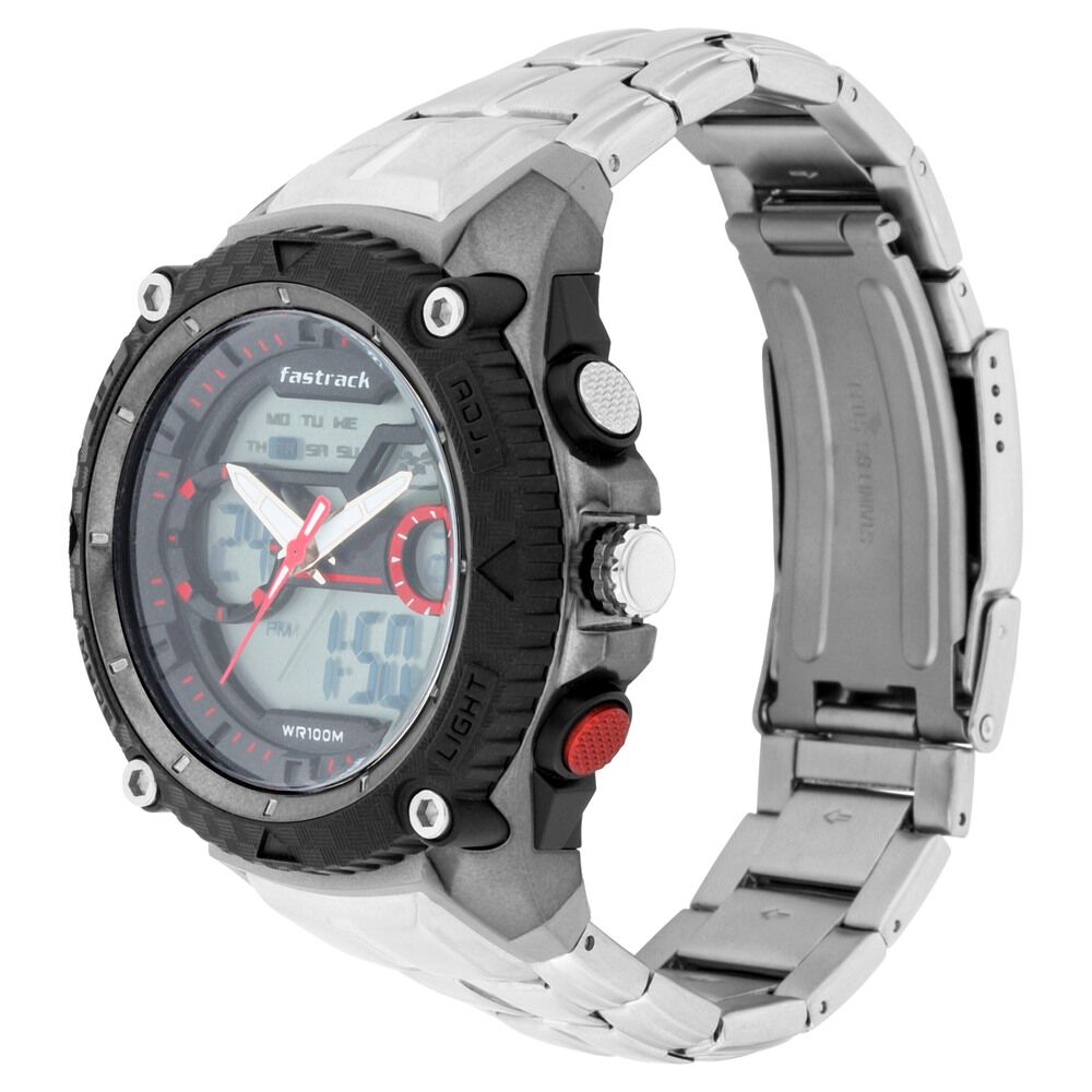 Buy Online Fastrack Deux Machina Quartz Analog Digital Red Dial Stainless Steel Strap Watch for Guys nn38053pm02 Fastrack