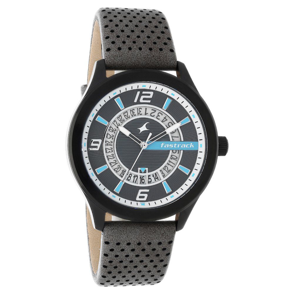 Buy Online Fastrack Loopholes Quartz Analog with Date Black Dial Leather Strap Watch for Guys 38050nl01 p Fastrack