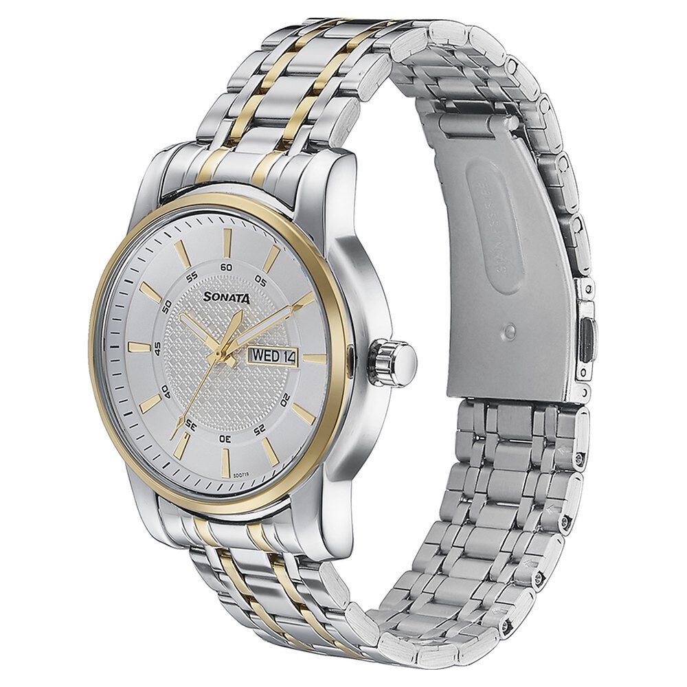 Sonata Quartz Analog with Day and Date White Dial Two Toned Stainless Steel Strap Watch For Men